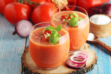 Cold Spanish soup Gazpacho served in glasses
