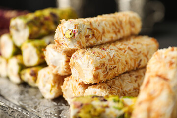 Turkish delight dessert on tray, closeup. Traditional sweet