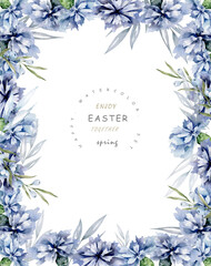 White background with blue cornflowers and green leaves elements. Decorative frame card. Hand drawn watercolor greenery wild flowers