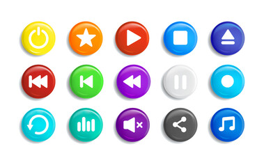 set of colorful transparent buttons with glass frames music player isolated on grey background