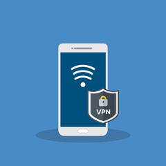 Mobile phone VPN, smartphone connecting to a secure and protected Virtual Private Network. Vector illustration.	