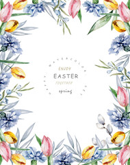 Blooming beautiful yellow tulip flowers background template. Watercolor set of blooming floral for Easter invitations, greeting card, voucher, brochures and banners design. - 413550006