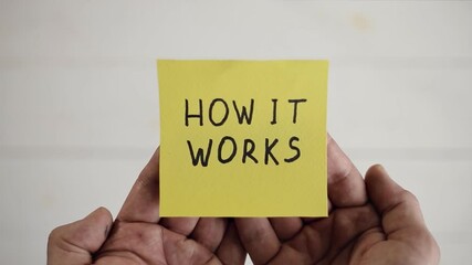 How it works written on a yellow sticker. Man hands holding a yellow sticky note paper on a white background