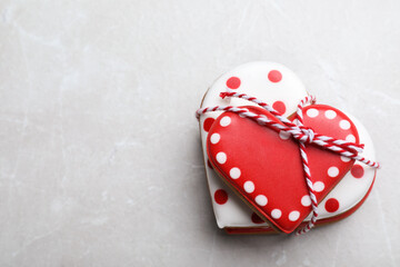 Delicious heart shaped cookies on light table, top view with space for text. Valentine's Day