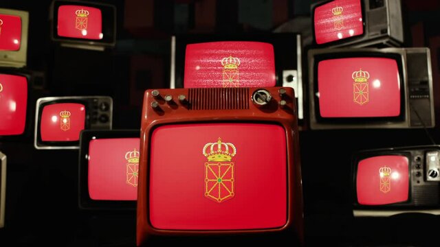 Flag of Navarre Displayed on Multiple Vintage Televisions, Spain - 4K