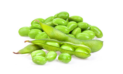 green soybeans on white background