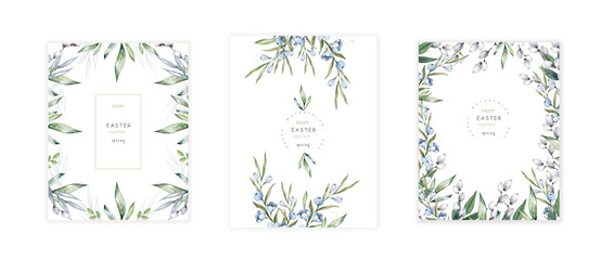 Happy Easter cards with herbal twigs and branches wreath and corners border. Rustic vintage bouquets with fern frons, mistletoe twigs, willow, palm green branches.