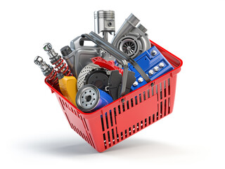 Car parts and auto spare in shopping basket isolated on white.
