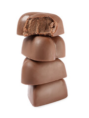 Beautiful heart shaped chocolate candies stacked on white background