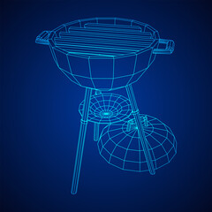 Round barbecue grill. Outdoor bbq party. Wireframe low poly mesh vector illustration