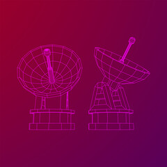 Radar. Directional radio antenna with satellite dish. Astronomy radio telescope . Wireframe low poly mesh vector illustration