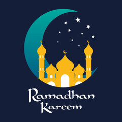 Ramadhan Kareem greeting concept design with mosque, star and crescent moon. Vector illustration design, ready to print