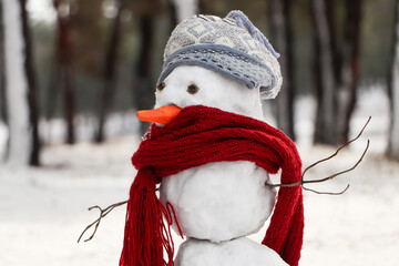 Funny snowman with scarf and hat in winter forest