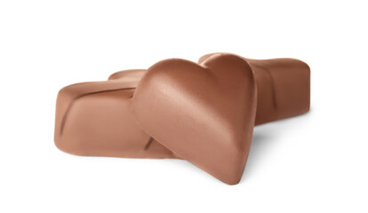 Tasty heart shaped chocolate candies on white background. Valentine's day celebration