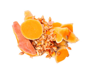 Pumpkin peel and seeds on white background, top view. Composting of organic waste