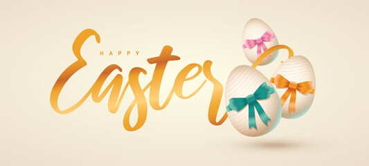 Happy easter lettering, golden easter logo elements, colorful ribbons. Vector illustration greeting card, ad, promotion, poster, flyer, web-banner, article