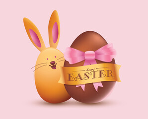 Happy easter design, golden easter logo elements, cartoon bunny, colorful ribbons. Vector illustration greeting card, ad, promotion, poster, flyer, web-banner, article