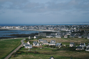 Fototapeta na wymiar top view of village, coast and ocean in Brittany, France