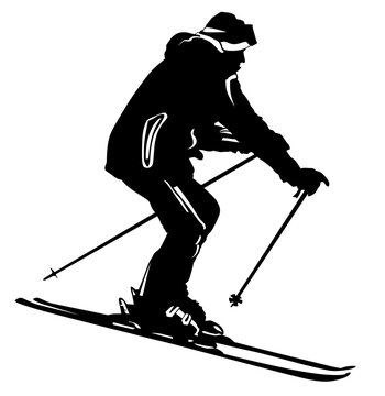 Black and white image of a skier going down the slope