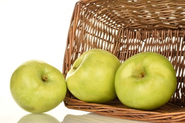 Three sweet green apples by Renet Simirenko with a basket of vines, close-up, isolated on white.