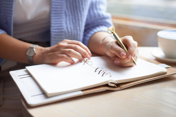 Well groomed woman hand holding gold pen and writing notes with gold pen in notebook beside window.