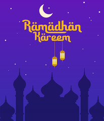 Obraz na płótnie Canvas Ramadhan kareem greetings with islamic mosque silhouette stars and lanterns. you can use it for greeting card calendar brochure and wallpaper. vector design illustration, ready to print