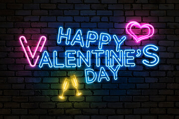 Neon inscription Happy Valentine's Day on a brick wall background. Banner, congratulations on the holiday, retro style.