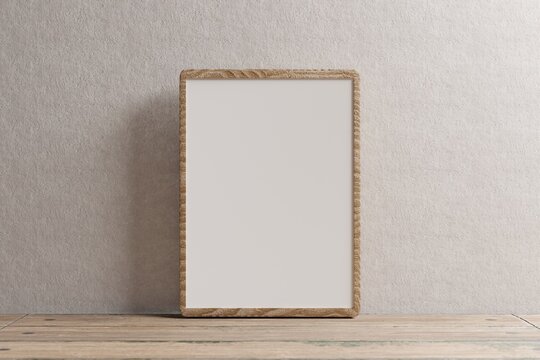 Empty wooden frame with space for inscription against a white wall. Wooden frame. 3D rendering image