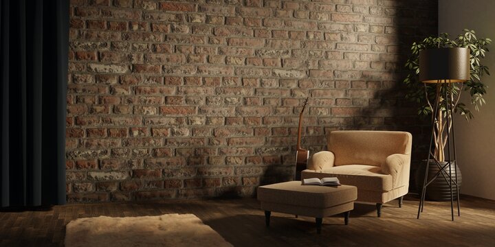 Living Room interior with velvet armchair and lamp and book. 3D rendering