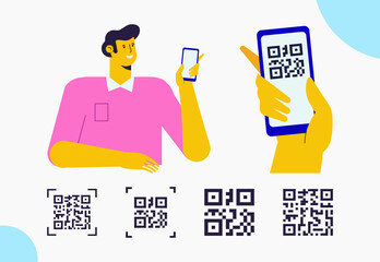 Capture qr code on mobile phone. Hand holding phone with Qr code. Flat vector illustration