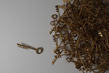 Strategy idea concept business. Golden keys with talent sign. 3D rendering