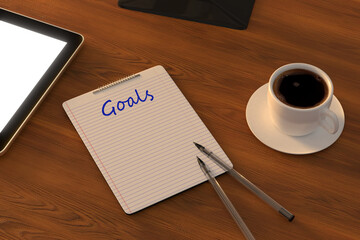 Work from home. desk office with laptop, blank notepad, coffee cup and pen on wood table. Top view copy space.