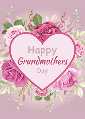 card or banner on Grandmothers Day in pink in a pink heart on a background of a bouquet of light and dark pink flowers