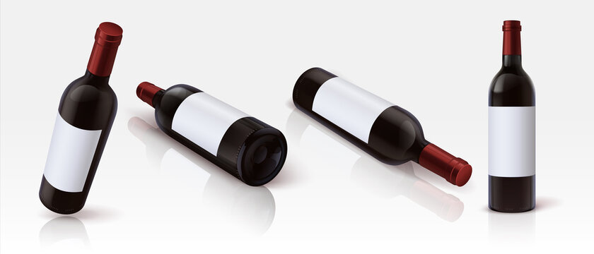 Realistic bottles. 3D blank mockups of containers for alcoholic beverages, standing and lying glass bottles of red wine from different viewing angles. Product advertising template. Vector isolated set