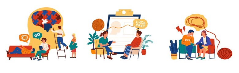 Psychotherapy. Mental health concept and psychology support. Patients meeting with psychologist. Stressed people talking about problems. Vector cartoon scenes set of individual psychological therapy