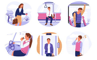 Sleepy people. Drowsy characters in transport and public places, tired office workers with drowsiness and dozing driver. Cartoon scenes with exhausted yawning men or women wanting sleep, vector set