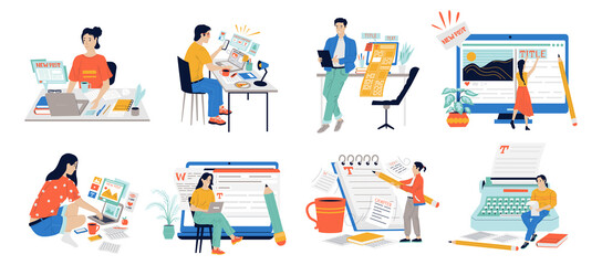 Copywriters. Journalist workflow with cartoon content managers posting text with laptop. Cute people work in publishing house of newspapers and magazines Vector writing and storytelling set of scenes