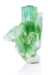Extreme sharp and detailed photo of Amazing natural green Tourmaline specimen mineral closeup macro isolated on a white background. Sample of expensive rare glassy Turmaline crystal