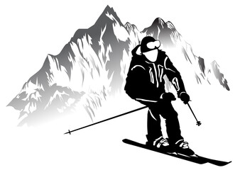 Black and white image of a skier on a background of mountains
