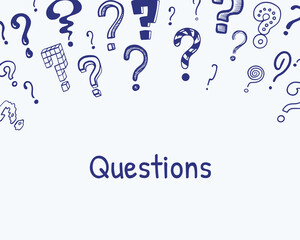 Obraz premium Question mark frame. Hand drawn background with different interrogation signs, doodle abstract inky painting symbols. Searching answers concept. Interrogatory lettering, vector banner with copy space