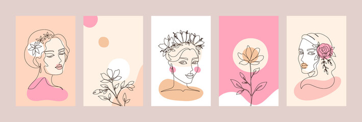 Fototapeta na wymiar Line art woman face. Hand drawn female portraits. Abstract shapes and outline ladies with floral decorations in hair. Contemporary sketches of trendy girls. Colorful avatar mockups. Vector contour set