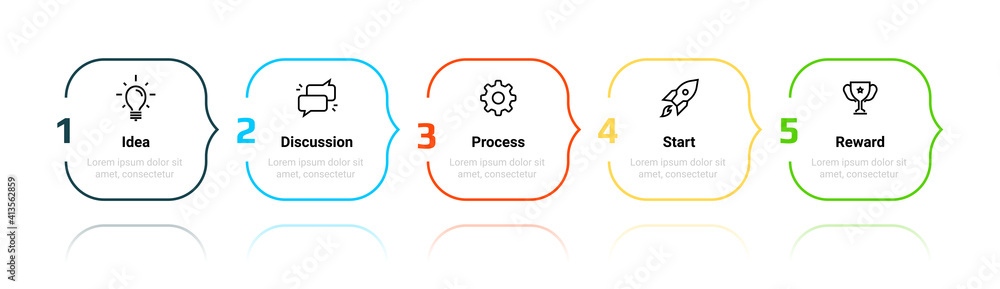 Poster Flowchart. Sequence of business process steps. Simple infographic for workflow visualization. Project planning template. Square frames with text and reflection effect. Vector presentation of strategy