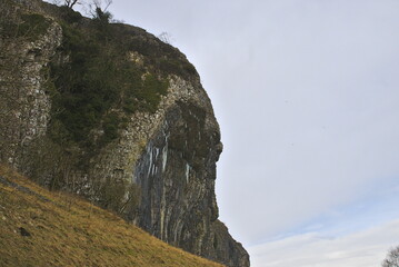 Icicles on the limestone cliff at Kilnsey Crag, Craven, North Yorkshire