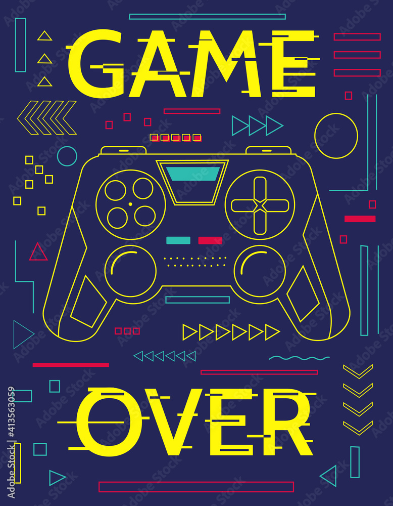 Poster Game print. Minimal poster with controller and abstract geometric outline shapes. Game over banner. Blue contour figures and yellow lettering with glitch effect. Graffiti art design, vector gamepad