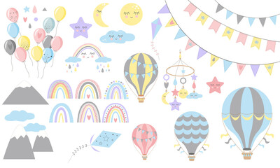 Set of rainbows with hearts, clouds, rain, air baloons, in childish scandinavian style style isolated on white background. Perfect for kids, posters, prints, cards, fabric.