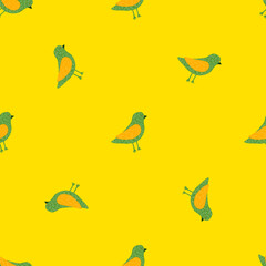 Abstract animal seamless pattern with dove bird elements. Yellow bright background.