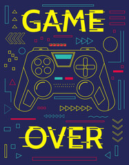 Game print. Minimal poster with controller and abstract geometric outline shapes. Game over banner. Blue contour figures and yellow lettering with glitch effect. Graffiti art design, vector gamepad © SpicyTruffel