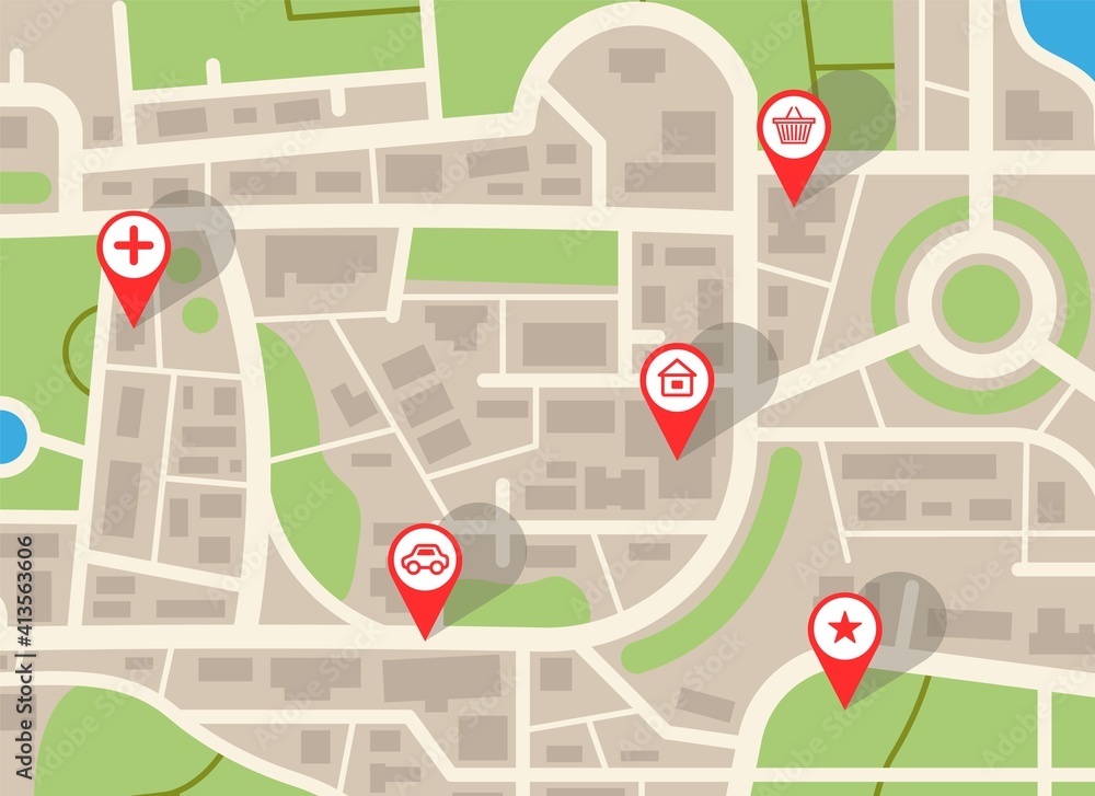 Poster city map. navigation plan with red pins. online gps application, web navigational service with icons