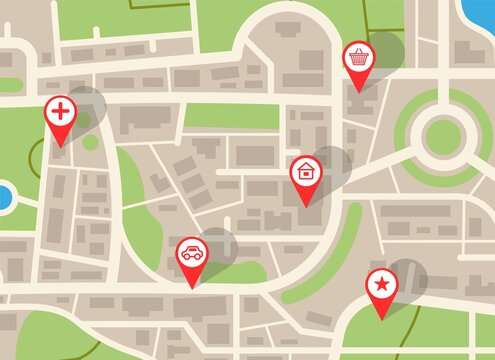 City map. Navigation plan with red pins. Online GPS application, web navigational service with icons of shops. Top view of downtown with streets or crossroads and districts. Vector roadmap mockup