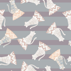 Pastel tones seamless pattern with light tiger silhouettes ornament. Pastel purple striped background.